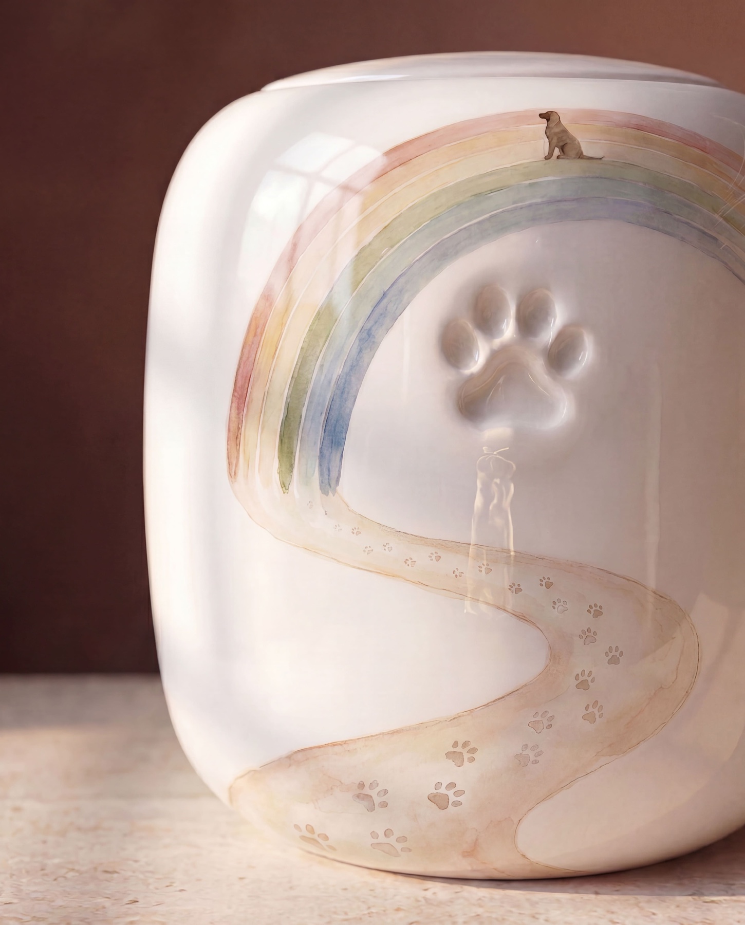Urna in ceramica WeenieLab con decorazione Ponte Arcobaleno a colori